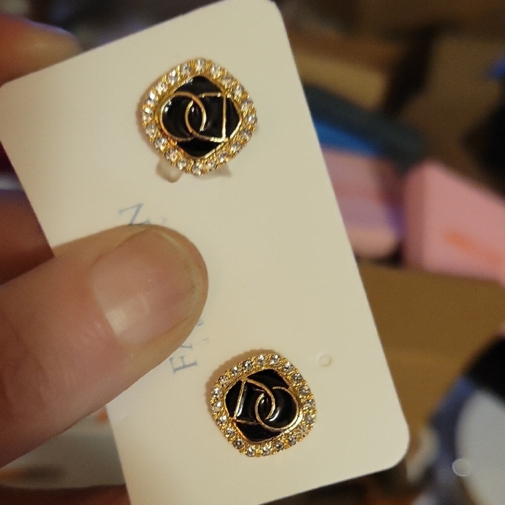 Black Gold Tone Rhinestone Stud Earrings